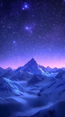 Majestic snow-capped mountain under a starry night sky.