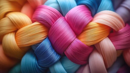 Vibrant Rainbow Fabric Braid: A Close-Up of Interwoven Silk Textures