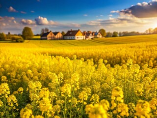 Vibrant Mustard Flower Field in Rural Village - Spring Bloom