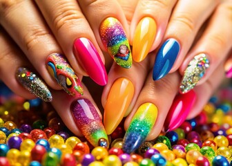 Obraz premium Vibrant Nail Art Designs: Close-up Shots of Colorful Manicures on Hands