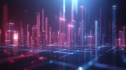 Fototapeta premium A futuristic digital landscape with glowing lines and structures in vibrant colors.