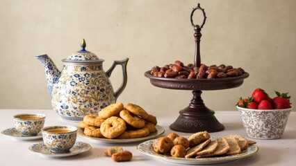 Festive Gathering Featuring Dates, Sweets, and Tea Presented on a Decorative Stand in a Warm Setting