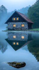 Serene wooden cabin by a misty lake at dawn
