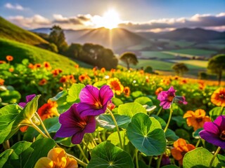 Obraz premium Vibrant Purple Nasturtiums Blooming in a Summer Landscape