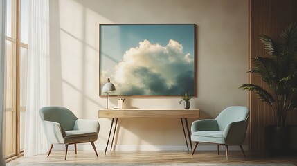 A minimalist podcast setup featuring beige walls, a simple wooden desk, pastel green chairs with plush cushions, and soft indirect lighting. A large framed picture of abstract clouds hangs behind,
