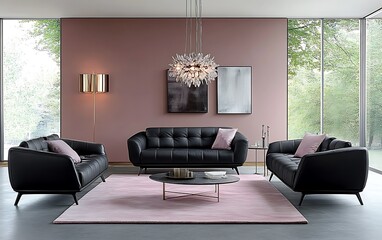 Modern black leather sofa set in a pink living room