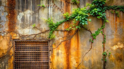 Rustic Weathered Wall with Vines and Grate Window A Study in Texture and Growth