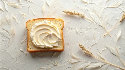 Creamy Swirl on Toasted Bread, Adorned with Delicate White Floral Accents and Wheat Sprigs