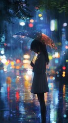 A young Asian woman with an umbrella stands in the rain, surrounded by colorful city lights.
