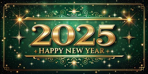 Vintage 2025 Happy New Year Green Background Banner - Gold & Black Sparkling Stars