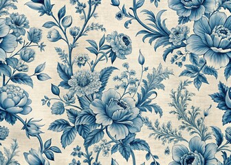 Vintage Blue French Toile Floral Pattern Background - Intricate Delicate Design Stock Photo
