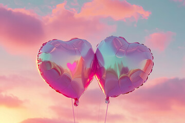Fototapeta premium Two heart-shaped balloons floating against a pastel sky