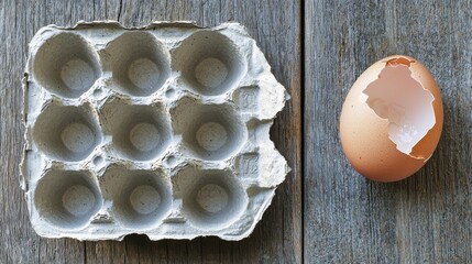 Empty egg carton on rustic wooden table with cracked eggshell, symbolizing food scarcity and supply chain challenges in modern agriculture and economy.