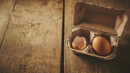 Empty egg carton on rustic wooden table with cracked eggshell, symbolizing food scarcity and supply chain challenges in modern agriculture and economy.