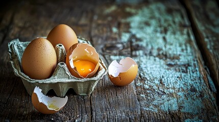 Empty egg carton on rustic wooden table with cracked eggshell, symbolizing food scarcity and supply chain challenges in modern agriculture and economy.