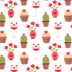 Vector hand drawn background for valentine's day. Romantic love seamless pattern with cupcake, glass, tulip vase, cactus, hearts.