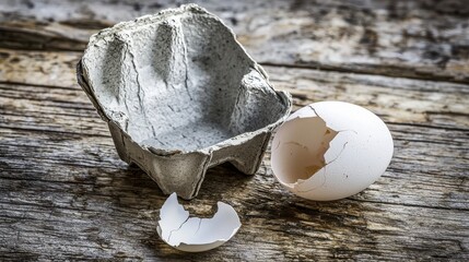 Empty egg carton on rustic wooden table with cracked eggshell, symbolizing food scarcity and supply chain challenges in modern agriculture and economy.