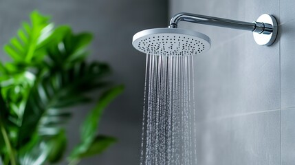 Modern showerhead with cascading water in a sleek bathroom surrounded by lush greenery