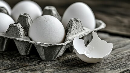 Empty egg carton on rustic wooden table with cracked eggshell, symbolizing food scarcity and supply chain challenges in modern agriculture and economy.