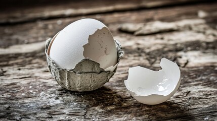 Empty egg carton on rustic wooden table with cracked eggshell, symbolizing food scarcity and supply chain challenges in modern agriculture and economy.