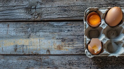 Empty egg carton on rustic wooden table with cracked eggshell, symbolizing food scarcity and supply chain challenges in modern agriculture and economy.