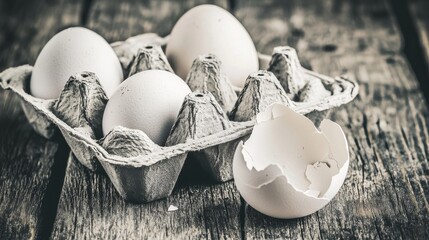 Empty egg carton on rustic wooden table with cracked eggshell, symbolizing food scarcity and supply chain challenges in modern agriculture and economy.