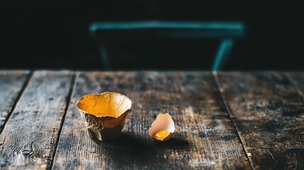 Empty egg carton on rustic wooden table with cracked eggshell, symbolizing food scarcity and supply chain challenges in modern agriculture and economy.