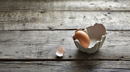 Empty egg carton on rustic wooden table with cracked eggshell, symbolizing food scarcity and supply chain challenges in modern agriculture and economy.