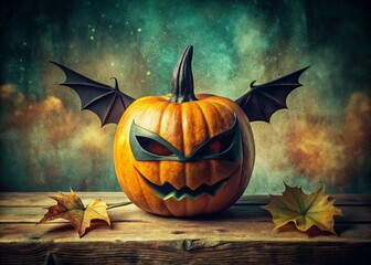 Vintage Halloween Pumpkin Head with Bat Mask - Spooky Autumn Stock Photo