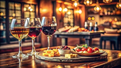 Fototapeta premium Vintage Happy Hour: Close-up of Wine & Pub Snacks