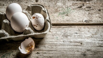 Empty egg carton on rustic wooden table with cracked eggshell, symbolizing food scarcity and supply chain challenges in modern agriculture and economy.