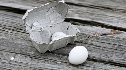 Empty egg carton on rustic wooden table with cracked eggshell, symbolizing food scarcity and supply chain challenges in modern agriculture and economy.
