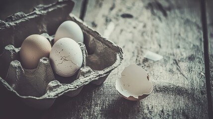 Empty egg carton on rustic wooden table with cracked eggshell, symbolizing food scarcity and supply chain challenges in modern agriculture and economy.