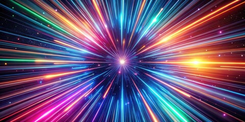A vibrant burst of multicolored light streaks across a dark background, radiating outward from a central point, creating a dynamic and energetic visual experience.
