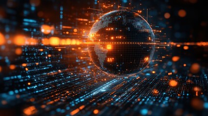 Fototapeta premium Futuristic digital globe surrounded by glowing data streams and particles, symbolizing technology and innovation