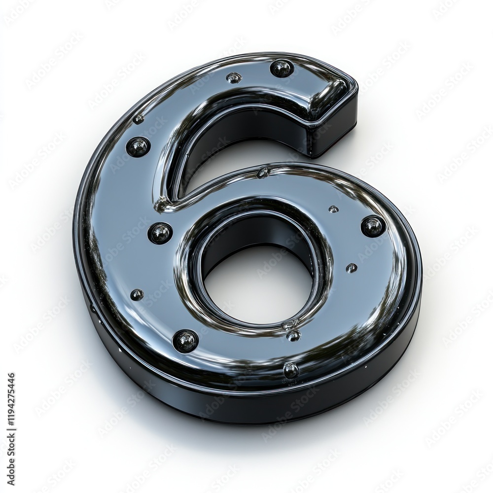 Poster reflective number six: a 3d render of a polished chrome digit