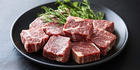 Fototapeta premium Juicy Raw Beef Cubes Ready for Grilling Gourmet Meal Preparation