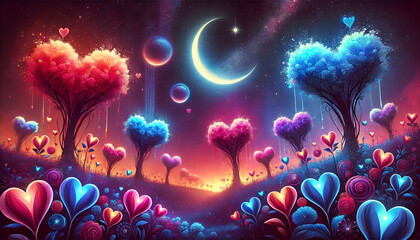 Surreal Heart Shaped Trees Bathed in Dreamy Moonlight.