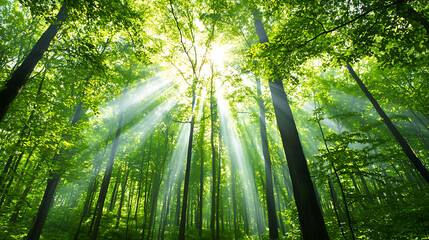 Naklejka premium Foggy forest in morning light with sun rays shining through trees, creating serene atmosphere