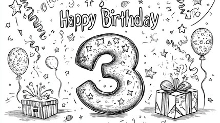 Celebrating of 3 years birthday vector, 3 years birthday for coloring book