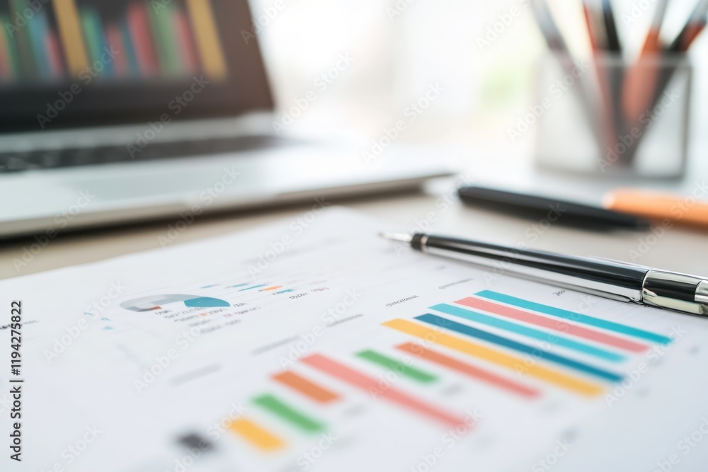 Poster business analysis report with colorful charts and graphs on a desk next to a laptop and stationery
