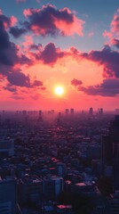 Fototapeta premium Vibrant sunset over a sprawling city skyline with dramatic colors.