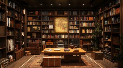 Obraz premium A podcast studio designed with a traveler’s touch, featuring floor-to-ceiling bookshelves of travel guides and atlases, a rustic wooden table, and vintage suitcases stacked as decor.