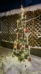 christmas tree and decorations in the snow