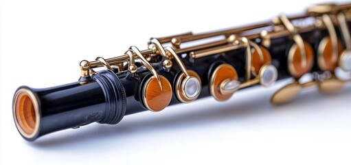 Naklejka premium Close-up of a Black Flute with Gold Accents and Amber Keys