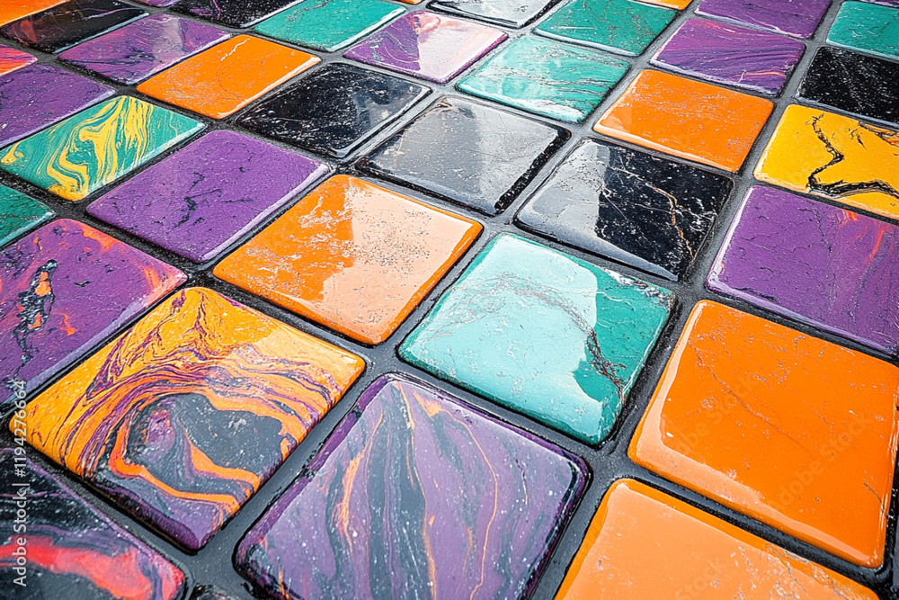 Aufkleber glossy multicolored tiles with bold patterns and vibrant hues arranged in a geometric grid