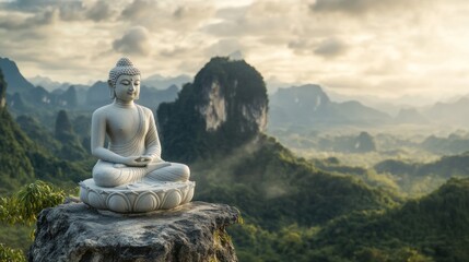 Fototapeta premium Serene Buddha Statue Amidst Majestic Mountains