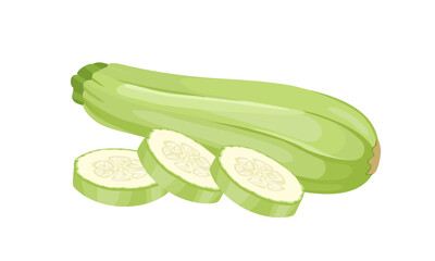 Zucchini whole and slices isolated on white. Fresh vegetable icon. Vector food cartoon flat illustration.