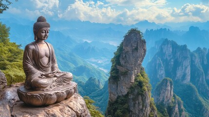 Fototapeta premium Serene Buddha Statue Amidst Majestic Mountain Peaks