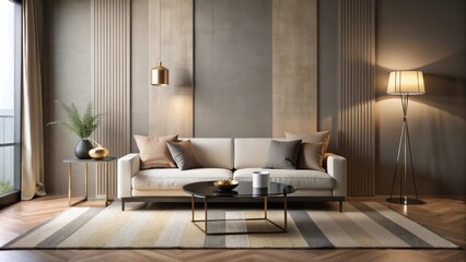 Sophisticated Living Room Interior Design Featuring a Modern Sofa, Stylish Coffee Table, Elegant Lighting, and Neutral Color Palette
